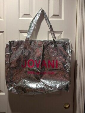 Jovani Silver Metallic Tote with Hot Pink Logo